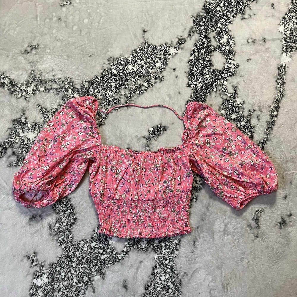 AFRM Shirt Womens Sz S Pink Floral Print Crop Top Puff Sleeve Smocked Bodice